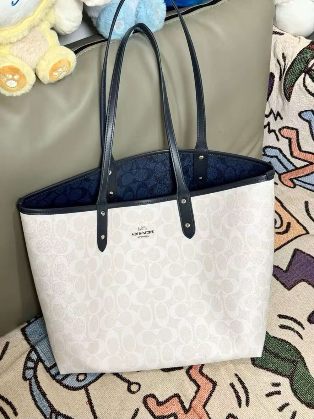 Coach Reversible Signature Tote in White and Navy